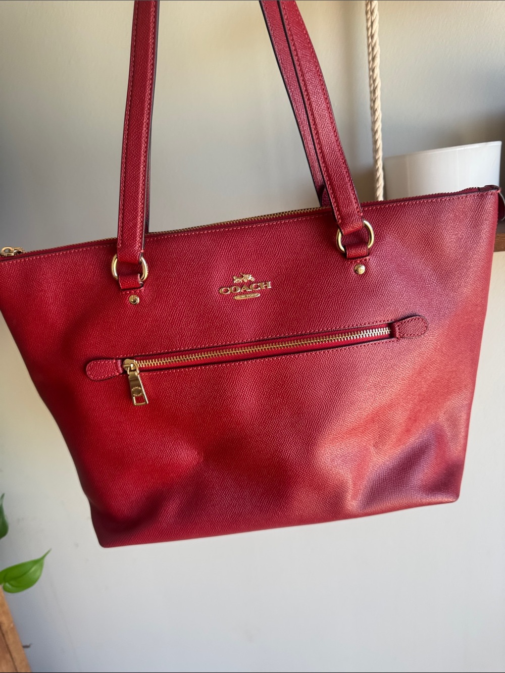 Coach Red Leather Tote with Exterior Zip Pocket and Gold Hardware